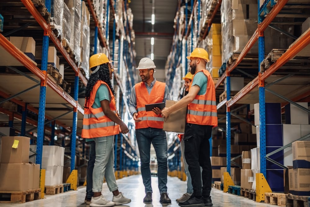 Employer responsibilities for pensions and auto-enrolment – Swindon and Cirencester Business team in warehouse discussing workplace pensions and auto-enrolment responsibilities for employers in Swindon and Cirencester