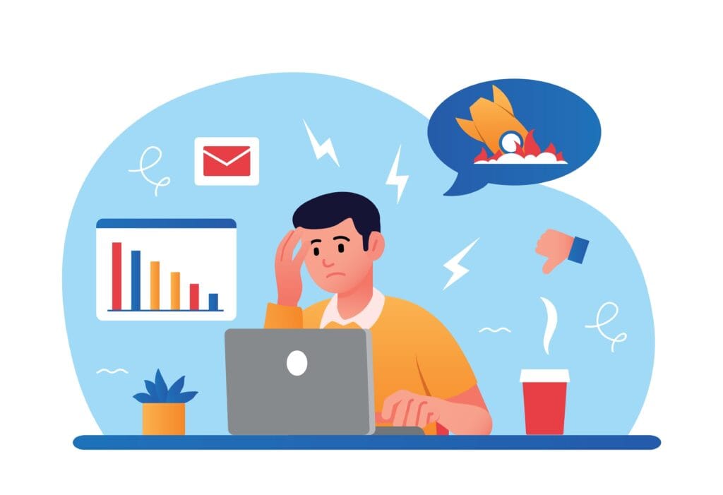 Cartoon of person stressing about mortgage – Mortgage Advice Swindon and Cirencester Cartoon illustration of a person stressed about paying their mortgage, symbolising difficult mortgage cases solved by advisers in Swindon and Cirencester.