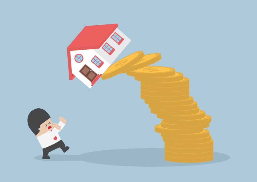 Cartoon house falling off stack of coins – Mortgage Advice Swindon, Cirencester & Bristol Cartoon illustration of a house toppling off a stack of coins, representing mortgage affordability challenges in Swindon, Cirencester and Bristol.